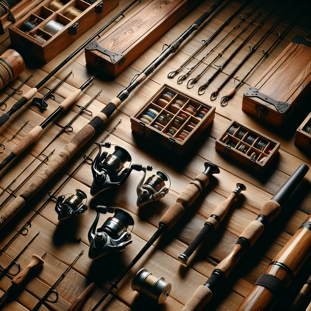 Fishing gear displayed on a wooden table